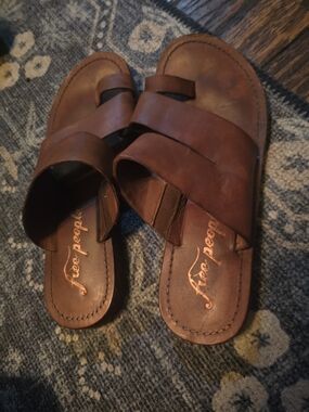Free People Abeline Toe Loop Brown Leather Slide Sandals